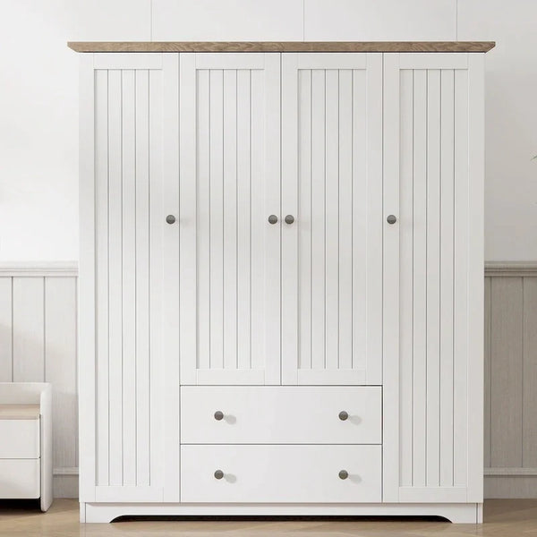 Freestanding 4 - Door Wardrobe Armoire with 2 Drawers and Hanging Rods for Clothes Storage